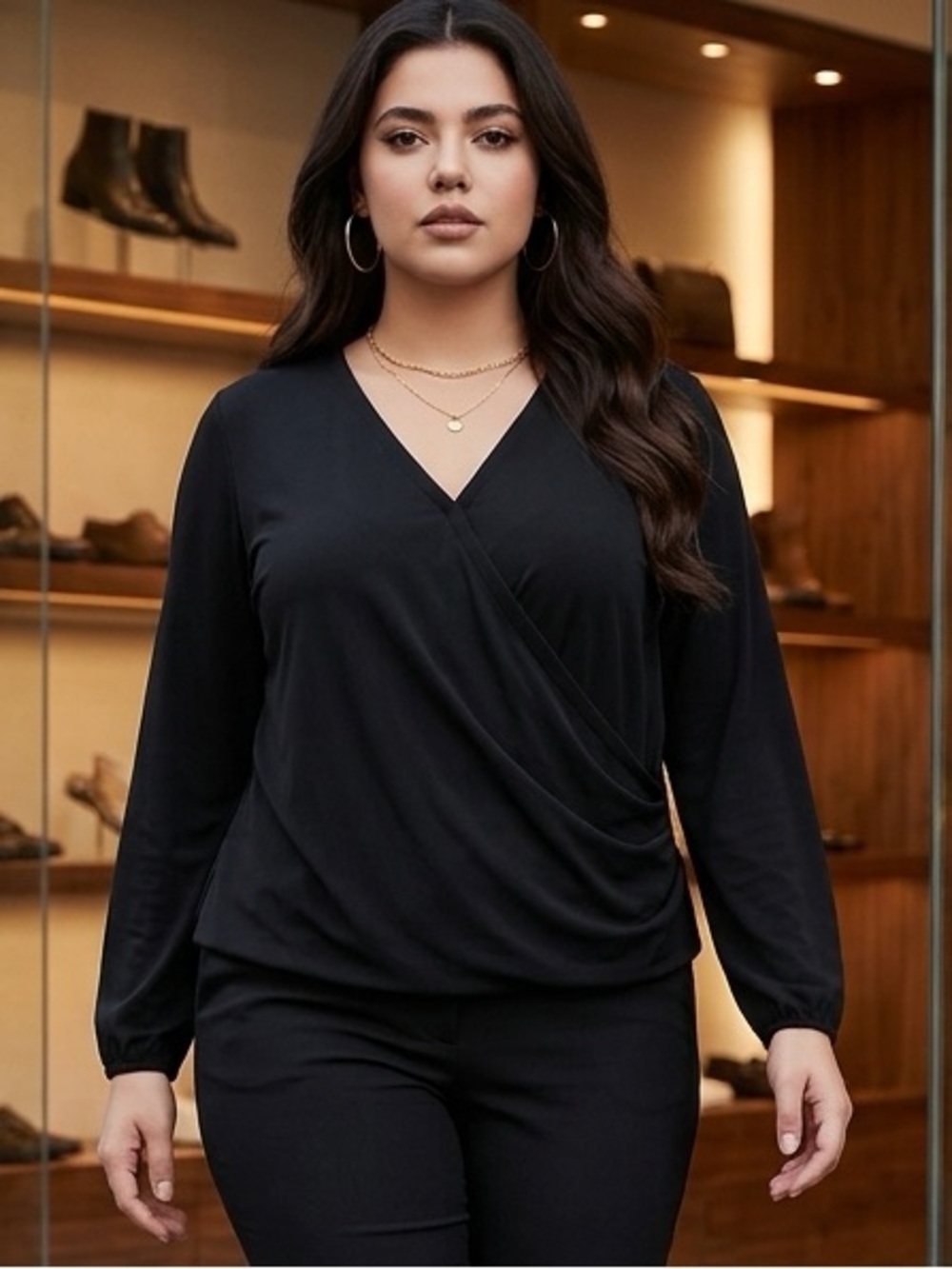 NWT Talbots SZ XLPETITE black faux wrap blouse w/long sleeves, elasticized wrist